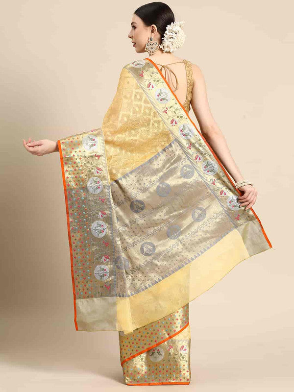 Yellow Tissue Silk Woven Zari Design Geomatric Saree with Unstitched Blouse - Hiral Fashion | Swadesiicart