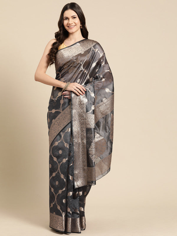 Black Organza Silk Woven Zari Design Floral Saree with Unstitched Blouse - Hiral Fashion | Swadesiicart