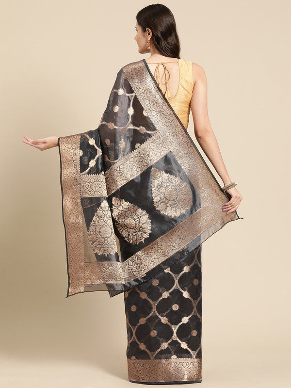 Black Organza Silk Woven Zari Design Floral Saree with Unstitched Blouse - Hiral Fashion | Swadesiicart