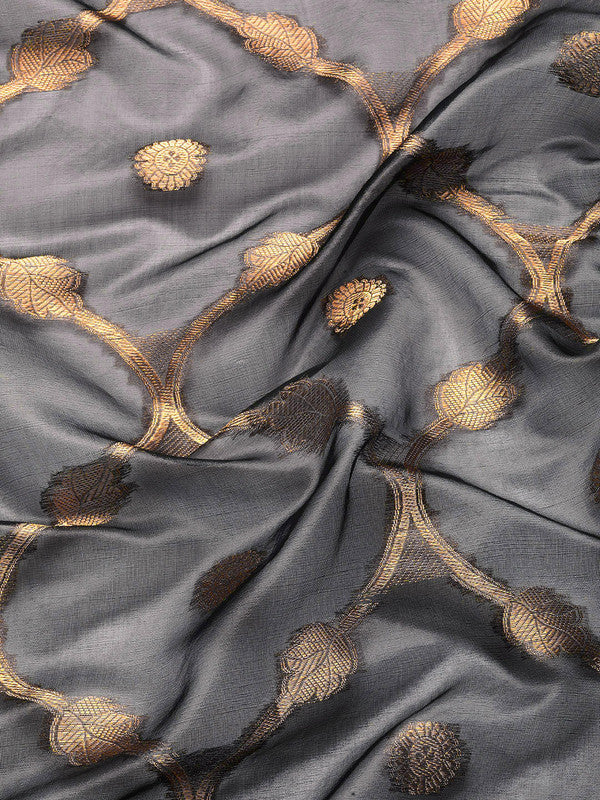 Black Organza Silk Woven Zari Design Floral Saree with Unstitched Blouse - Hiral Fashion | Swadesiicart