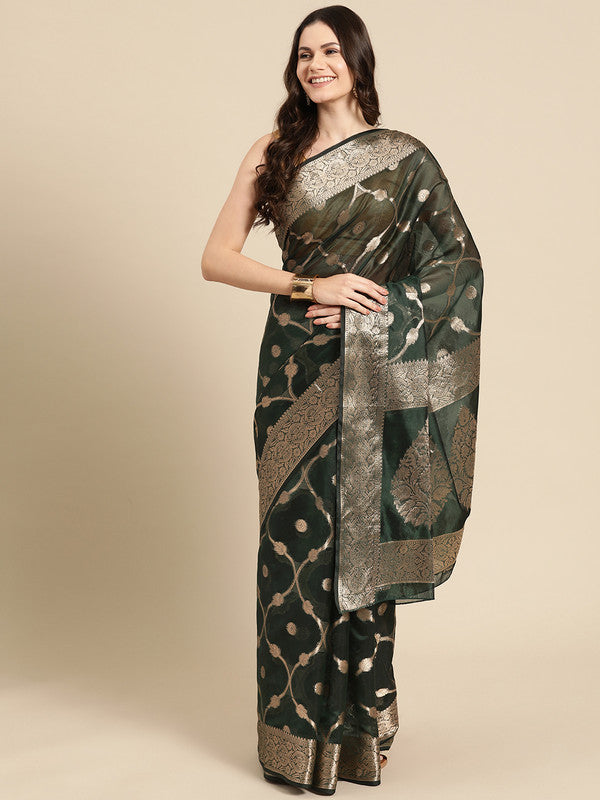 Green Organza Silk Woven Zari Design Floral Saree with Unstitched Blouse - Hiral Fashion | Swadesiicart