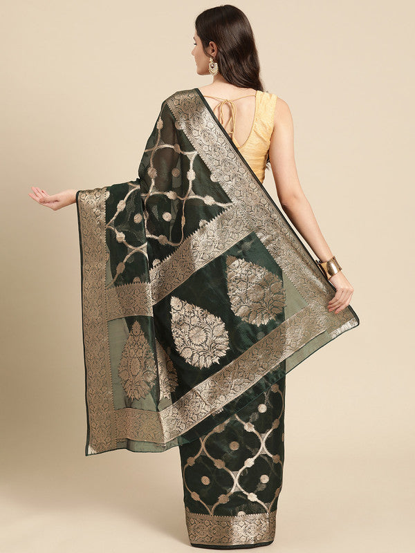 Green Organza Silk Woven Zari Design Floral Saree with Unstitched Blouse - Hiral Fashion | Swadesiicart