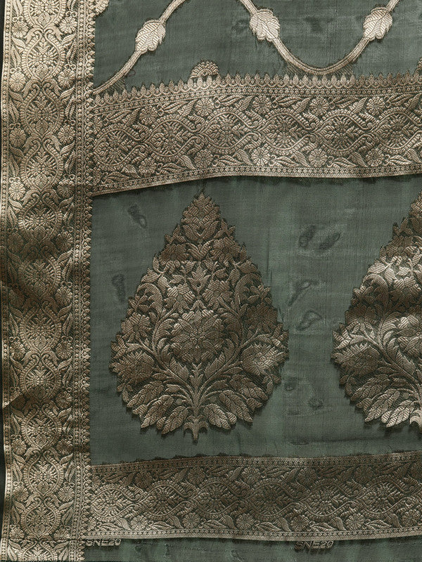 Green Organza Silk Woven Zari Design Floral Saree with Unstitched Blouse - Hiral Fashion | Swadesiicart