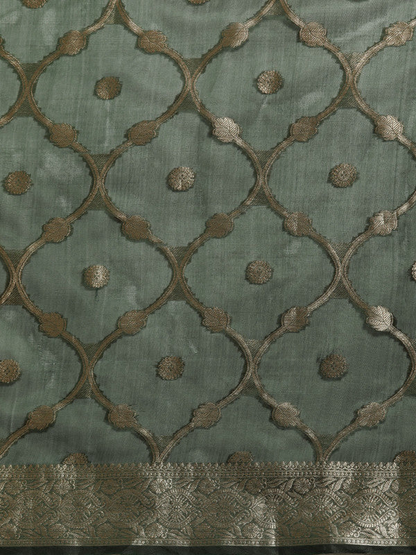 Green Organza Silk Woven Zari Design Floral Saree with Unstitched Blouse - Hiral Fashion | Swadesiicart