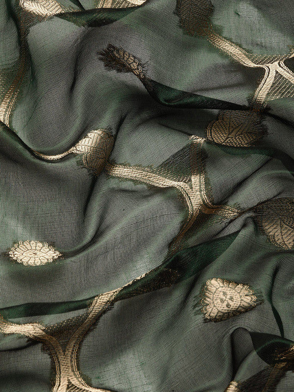 Green Organza Silk Woven Zari Design Floral Saree with Unstitched Blouse - Hiral Fashion | Swadesiicart