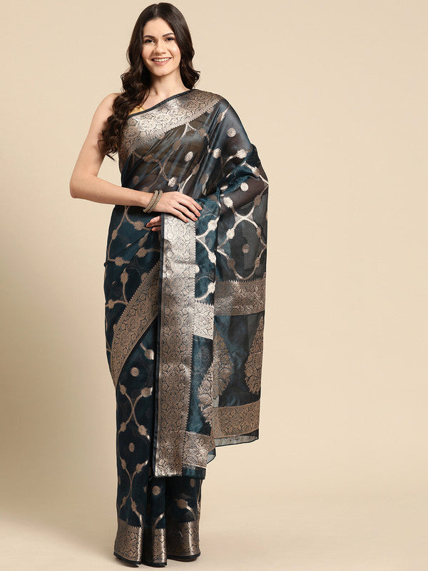 Turquoise Organza Silk Woven Zari Design Floral Saree with Unstitched Blouse - Hiral Fashion | Swadesiicart