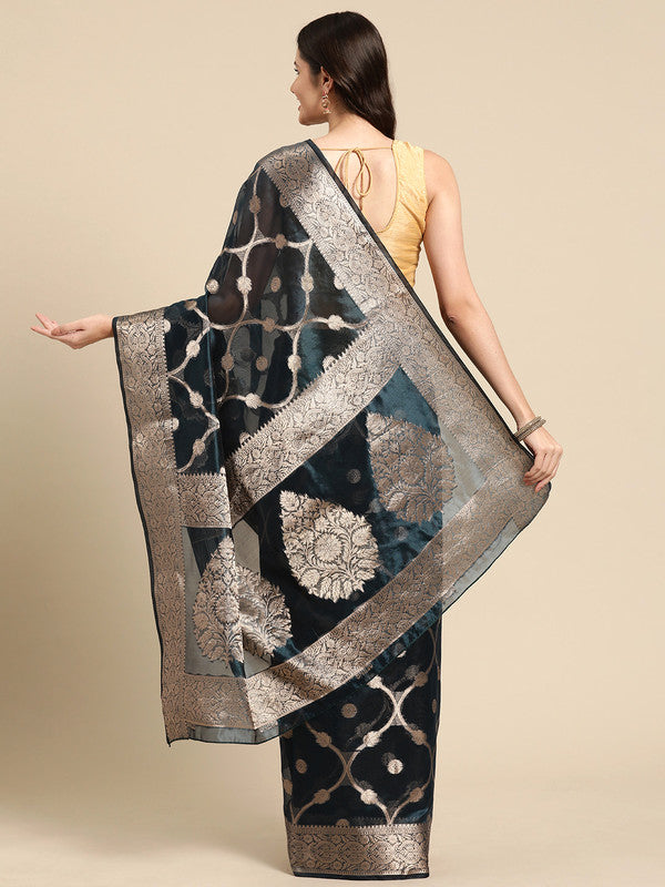 Turquoise Organza Silk Woven Zari Design Floral Saree with Unstitched Blouse - Hiral Fashion | Swadesiicart