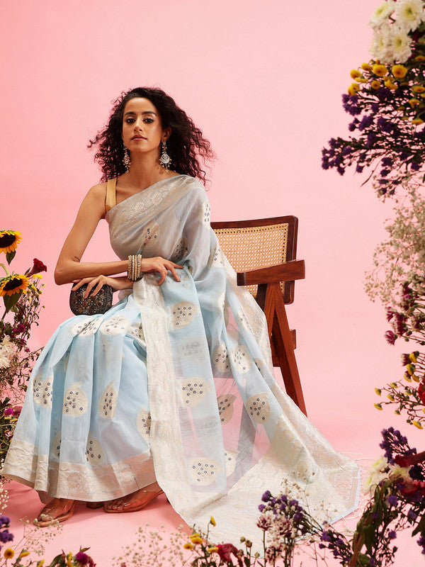 Blue Linen Woven Thread Floral Saree with Unstitched Blouse - Hiral Fashion | Swadesiicart