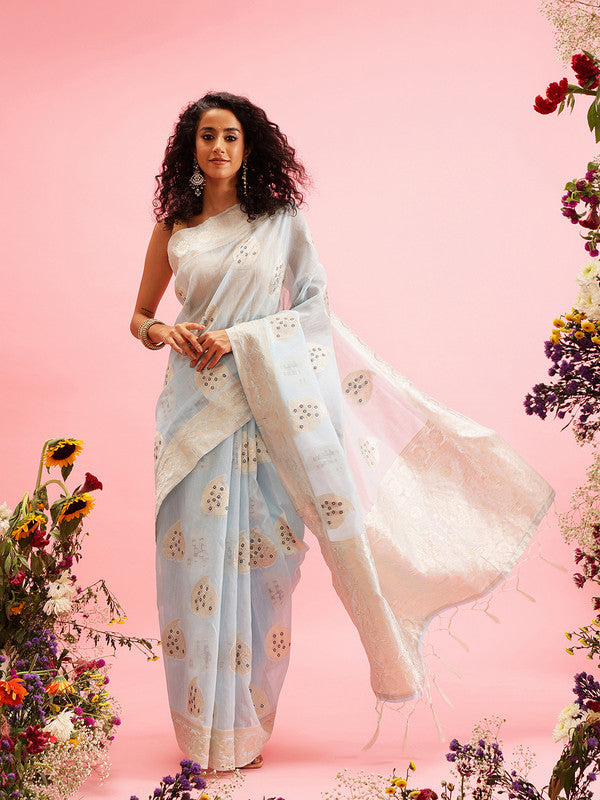 Blue Linen Woven Thread Floral Saree with Unstitched Blouse - Hiral Fashion | Swadesiicart