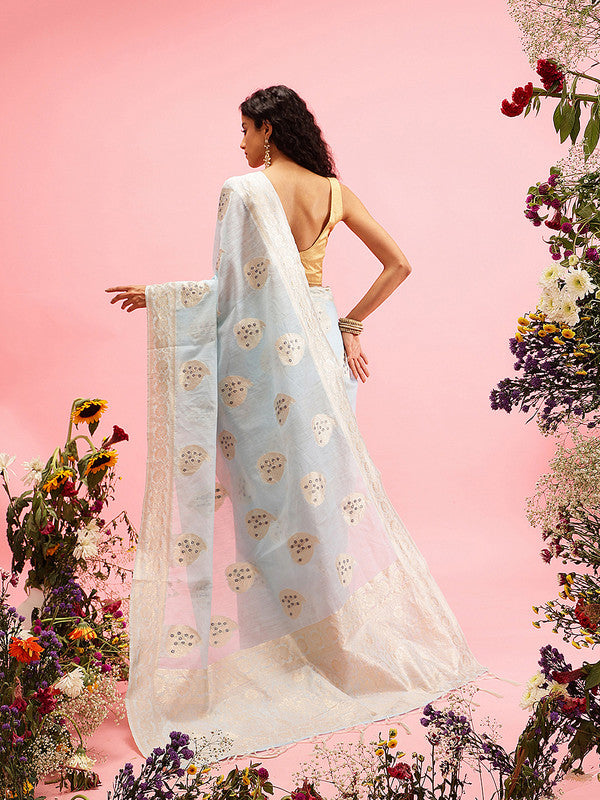 Blue Linen Woven Thread Floral Saree with Unstitched Blouse - Hiral Fashion | Swadesiicart