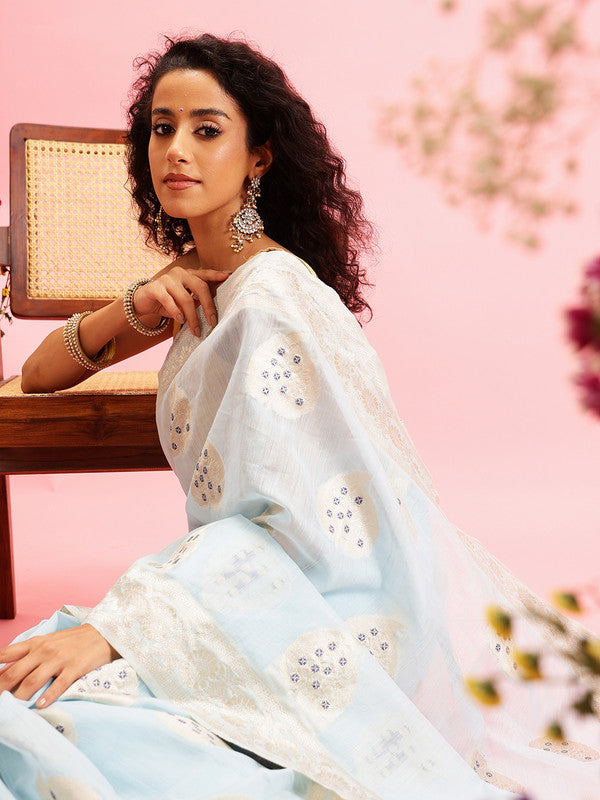 Blue Linen Woven Thread Floral Saree with Unstitched Blouse - Hiral Fashion | Swadesiicart