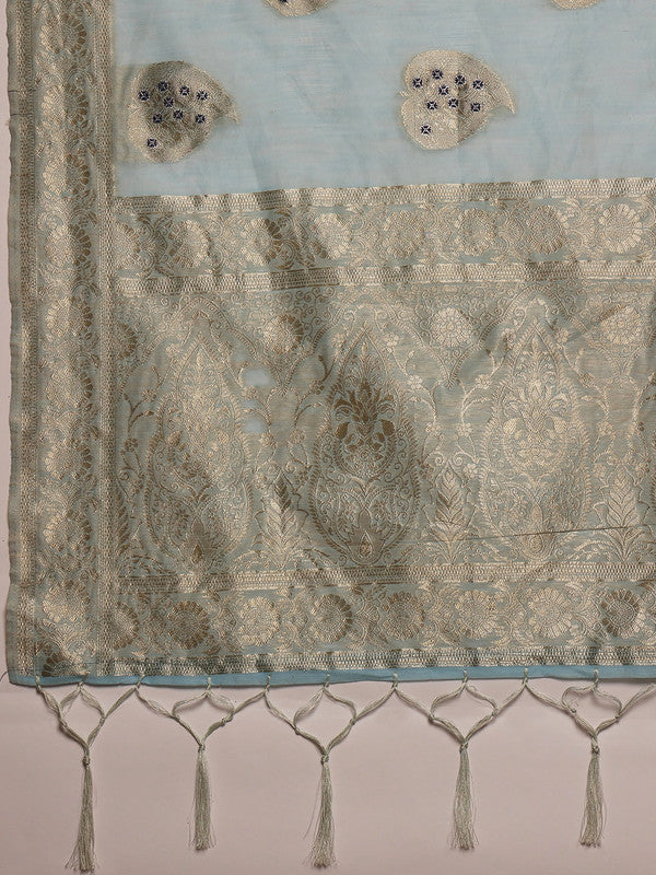 Blue Linen Woven Thread Floral Saree with Unstitched Blouse - Hiral Fashion | Swadesiicart