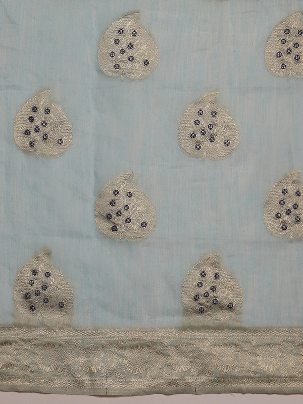 Blue Linen Woven Thread Floral Saree with Unstitched Blouse - Hiral Fashion | Swadesiicart