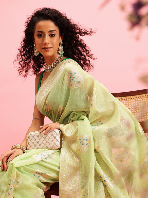 Green Linen Woven Thread Floral Saree with Unstitched Blouse - Hiral Fashion | Swadesiicart