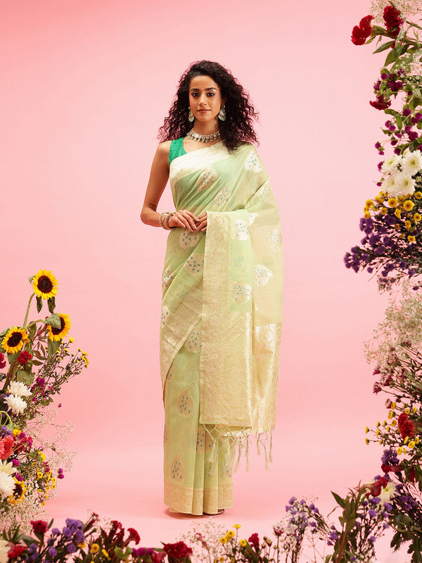 Green Linen Woven Thread Floral Saree with Unstitched Blouse - Hiral Fashion | Swadesiicart