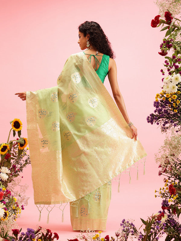 Green Linen Woven Thread Floral Saree with Unstitched Blouse - Hiral Fashion | Swadesiicart