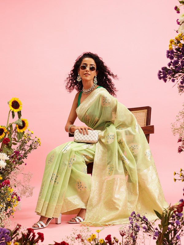 Green Linen Woven Thread Floral Saree with Unstitched Blouse - Hiral Fashion | Swadesiicart