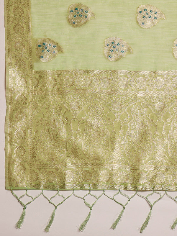 Green Linen Woven Thread Floral Saree with Unstitched Blouse - Hiral Fashion | Swadesiicart