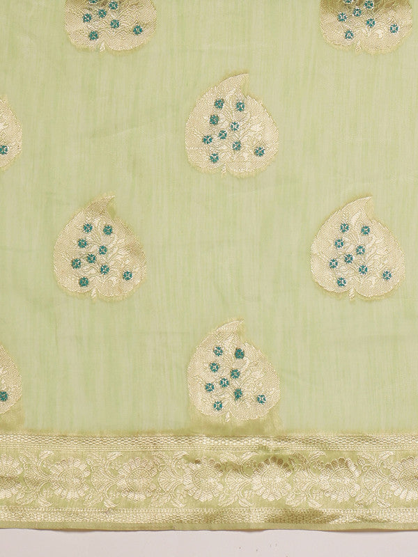 Green Linen Woven Thread Floral Saree with Unstitched Blouse - Hiral Fashion | Swadesiicart