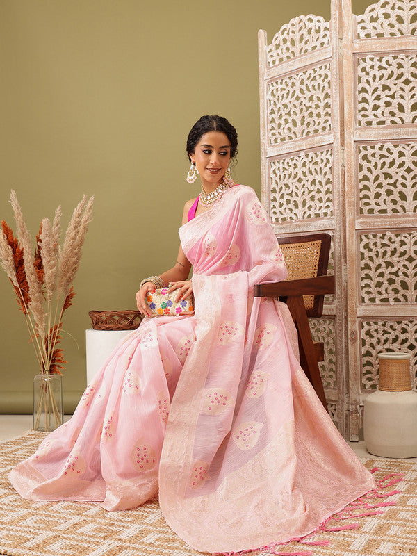 Light Pink Linen Woven Thread Floral Saree with Unstitched Blouse - Hiral Fashion | Swadesiicart