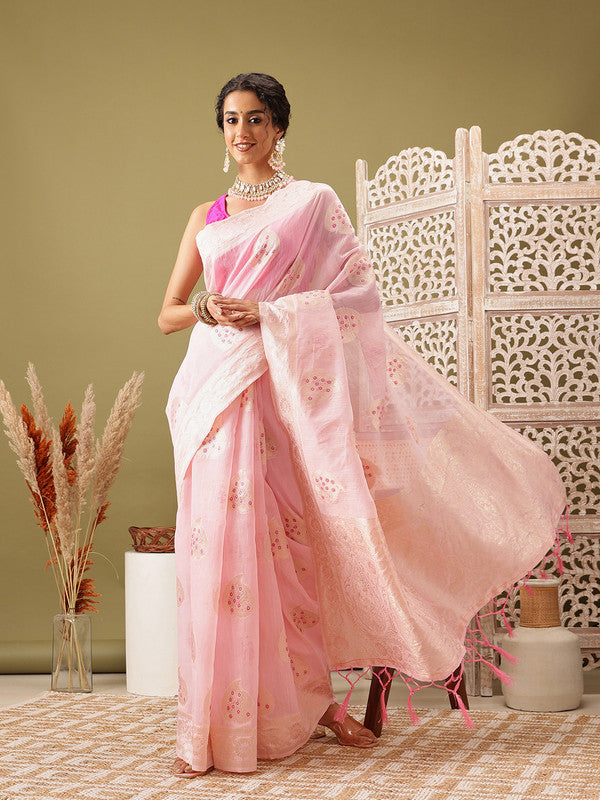 Light Pink Linen Woven Thread Floral Saree with Unstitched Blouse - Hiral Fashion | Swadesiicart