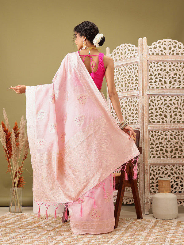 Light Pink Linen Woven Thread Floral Saree with Unstitched Blouse - Hiral Fashion | Swadesiicart