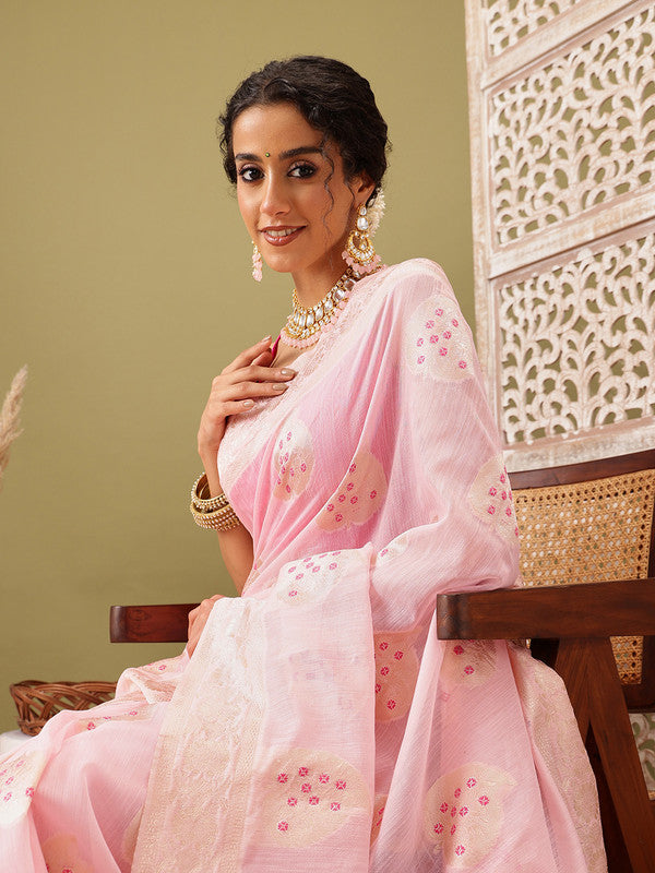Light Pink Linen Woven Thread Floral Saree with Unstitched Blouse - Hiral Fashion | Swadesiicart