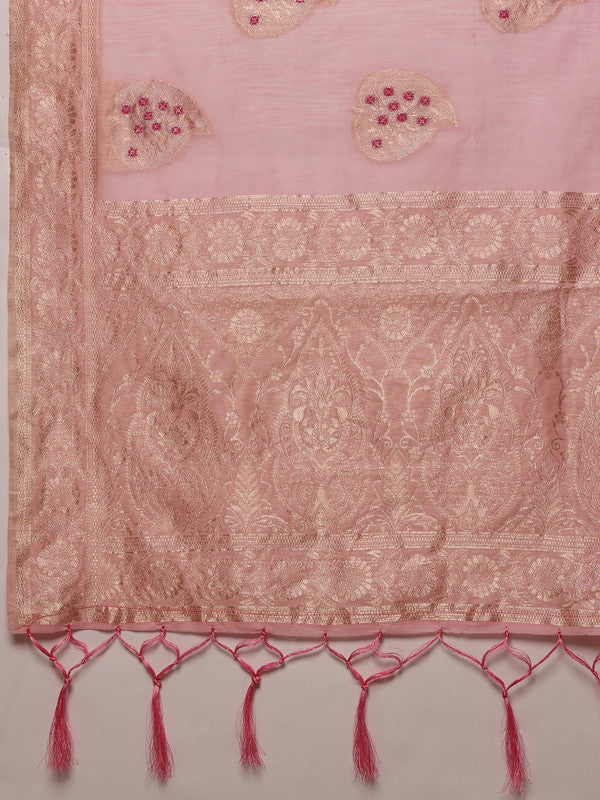 Light Pink Linen Woven Thread Floral Saree with Unstitched Blouse - Hiral Fashion | Swadesiicart