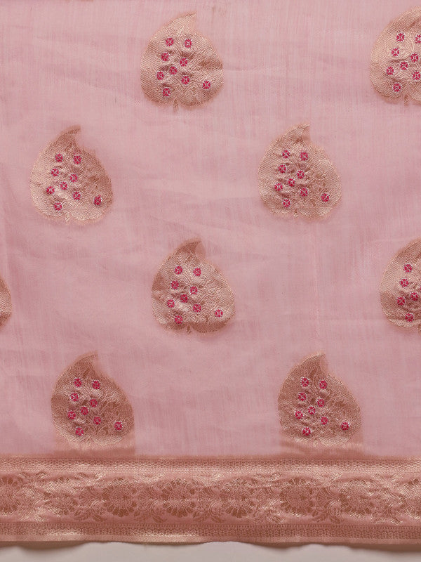 Light Pink Linen Woven Thread Floral Saree with Unstitched Blouse - Hiral Fashion | Swadesiicart
