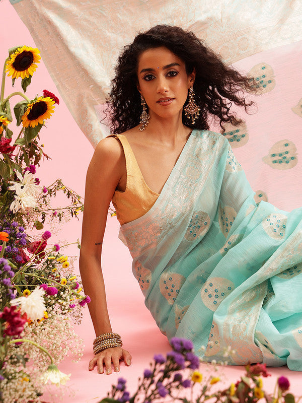 Turquoise Linen Woven Thread Floral Saree with Unstitched Blouse - Hiral Fashion | Swadesiicart