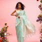 Turquoise Linen Woven Thread Floral Saree with Unstitched Blouse - Hiral Fashion | Swadesiicart