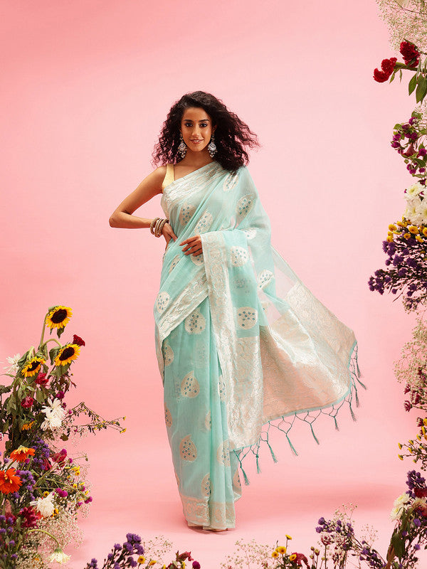 Turquoise Linen Woven Thread Floral Saree with Unstitched Blouse - Hiral Fashion | Swadesiicart
