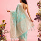 Turquoise Linen Woven Thread Floral Saree with Unstitched Blouse - Hiral Fashion | Swadesiicart