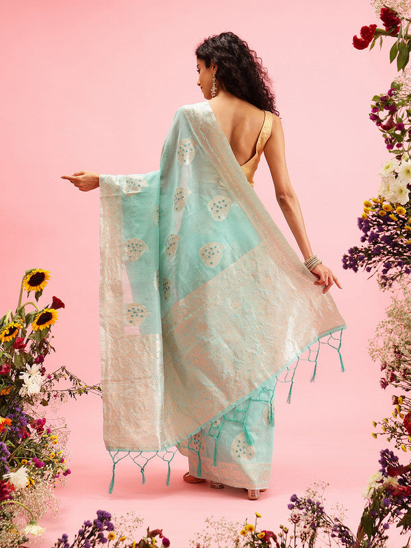 Turquoise Linen Woven Thread Floral Saree with Unstitched Blouse - Hiral Fashion | Swadesiicart