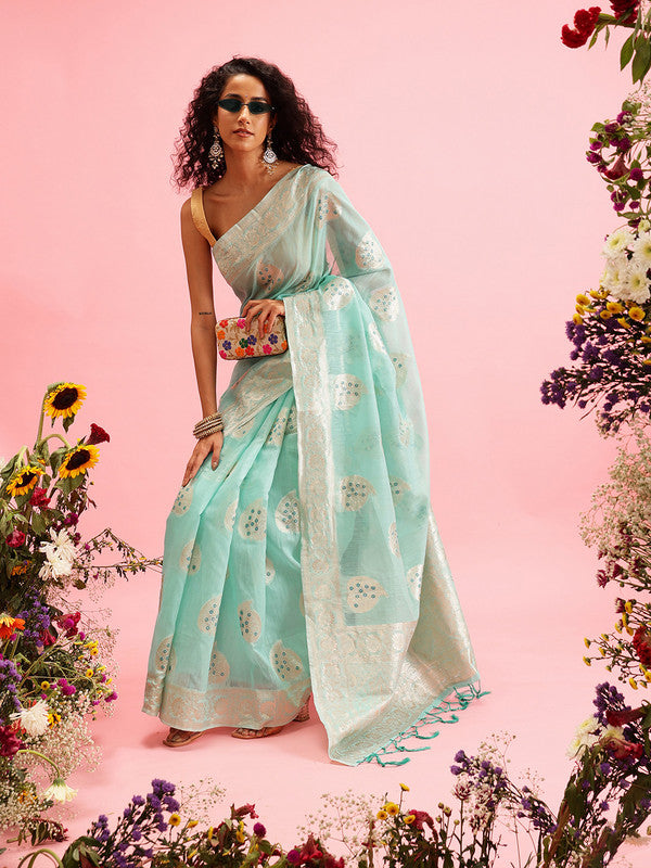 Turquoise Linen Woven Thread Floral Saree with Unstitched Blouse - Hiral Fashion | Swadesiicart