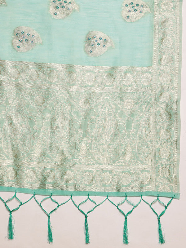 Turquoise Linen Woven Thread Floral Saree with Unstitched Blouse - Hiral Fashion | Swadesiicart