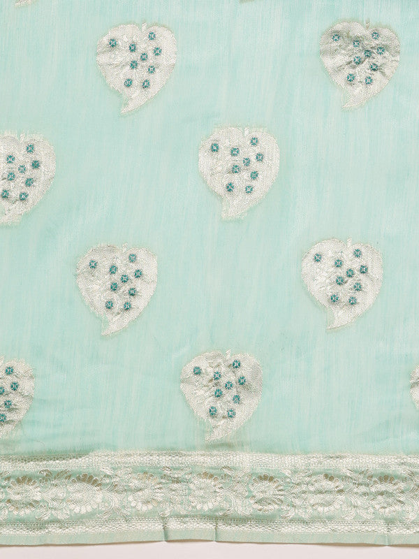 Turquoise Linen Woven Thread Floral Saree with Unstitched Blouse - Hiral Fashion | Swadesiicart