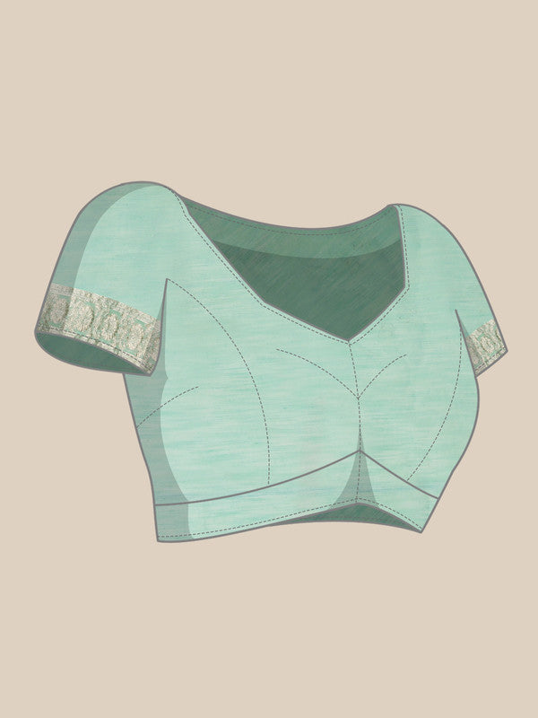 Turquoise Linen Woven Thread Floral Saree with Unstitched Blouse - Hiral Fashion | Swadesiicart