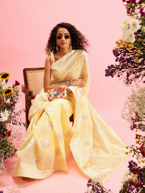 Yellow Linen Woven Thread Floral Saree with Unstitched Blouse - Hiral Fashion | Swadesiicart