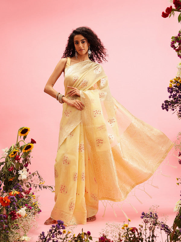 Yellow Linen Woven Thread Floral Saree with Unstitched Blouse - Hiral Fashion | Swadesiicart
