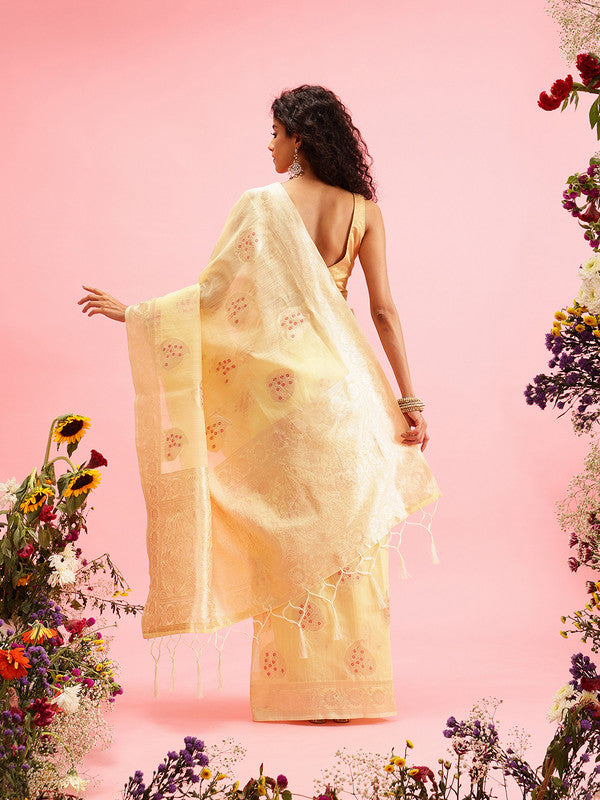 Yellow Linen Woven Thread Floral Saree with Unstitched Blouse - Hiral Fashion | Swadesiicart