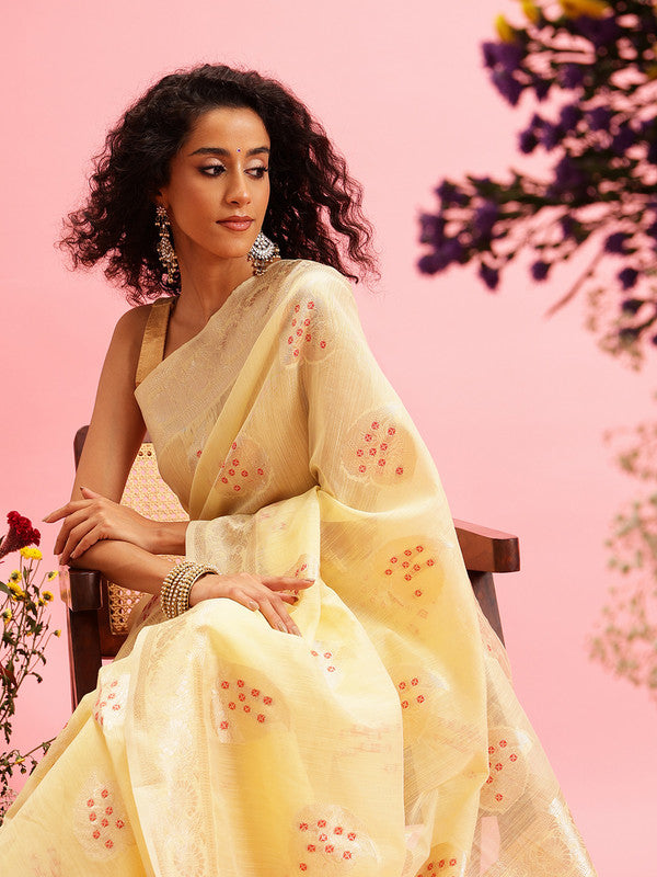 Yellow Linen Woven Thread Floral Saree with Unstitched Blouse - Hiral Fashion | Swadesiicart