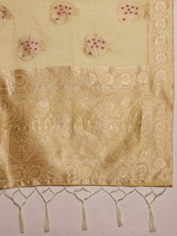 Yellow Linen Woven Thread Floral Saree with Unstitched Blouse - Hiral Fashion | Swadesiicart