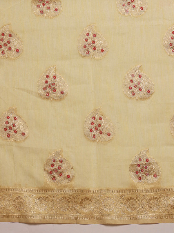 Yellow Linen Woven Thread Floral Saree with Unstitched Blouse - Hiral Fashion | Swadesiicart