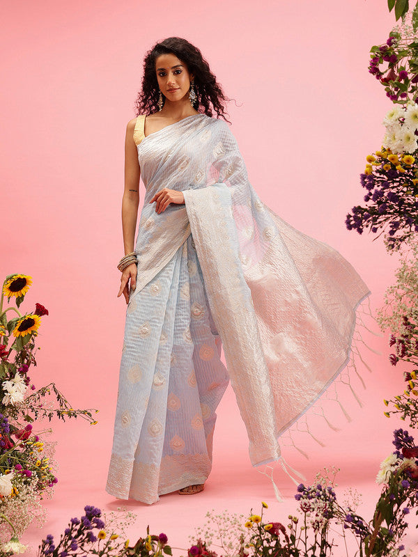 Blue Linen Woven Thread Floral Saree with Unstitched Blouse - Hiral Fashion | Swadesiicart