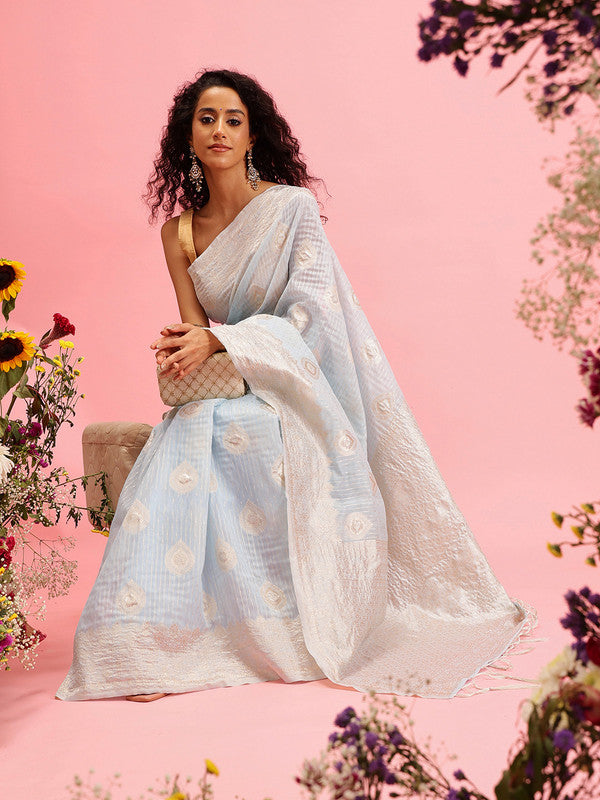 Blue Linen Woven Thread Floral Saree with Unstitched Blouse - Hiral Fashion | Swadesiicart