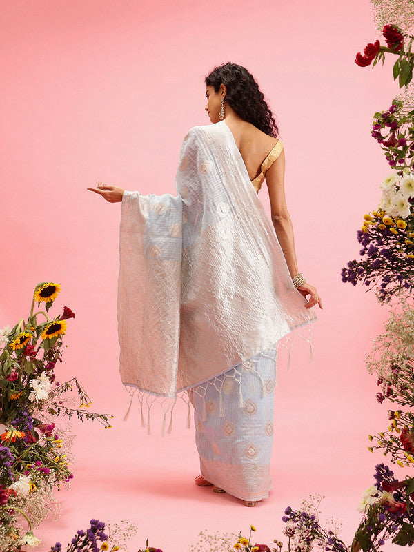 Blue Linen Woven Thread Floral Saree with Unstitched Blouse - Hiral Fashion | Swadesiicart