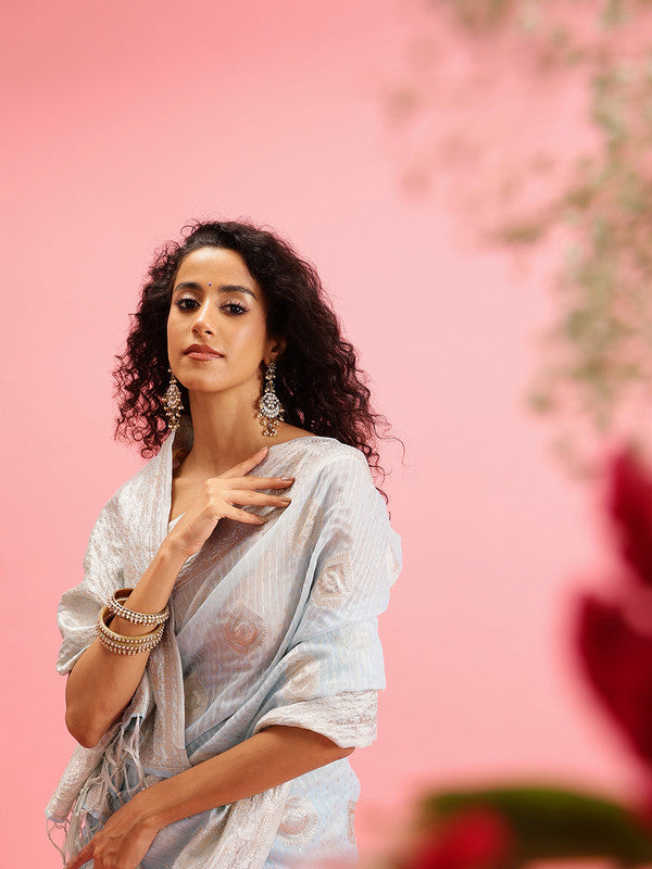 Blue Linen Woven Thread Floral Saree with Unstitched Blouse - Hiral Fashion | Swadesiicart