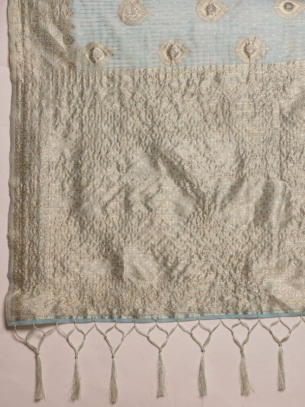 Blue Linen Woven Thread Floral Saree with Unstitched Blouse - Hiral Fashion | Swadesiicart
