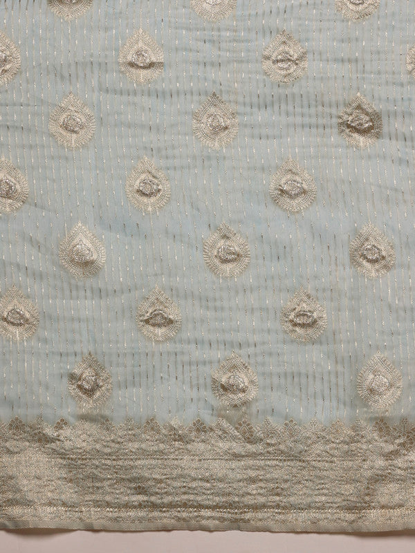 Blue Linen Woven Thread Floral Saree with Unstitched Blouse - Hiral Fashion | Swadesiicart